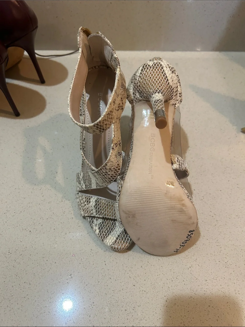 BCBGMaxAzria Snake-Print Strappy High Heels in Beige